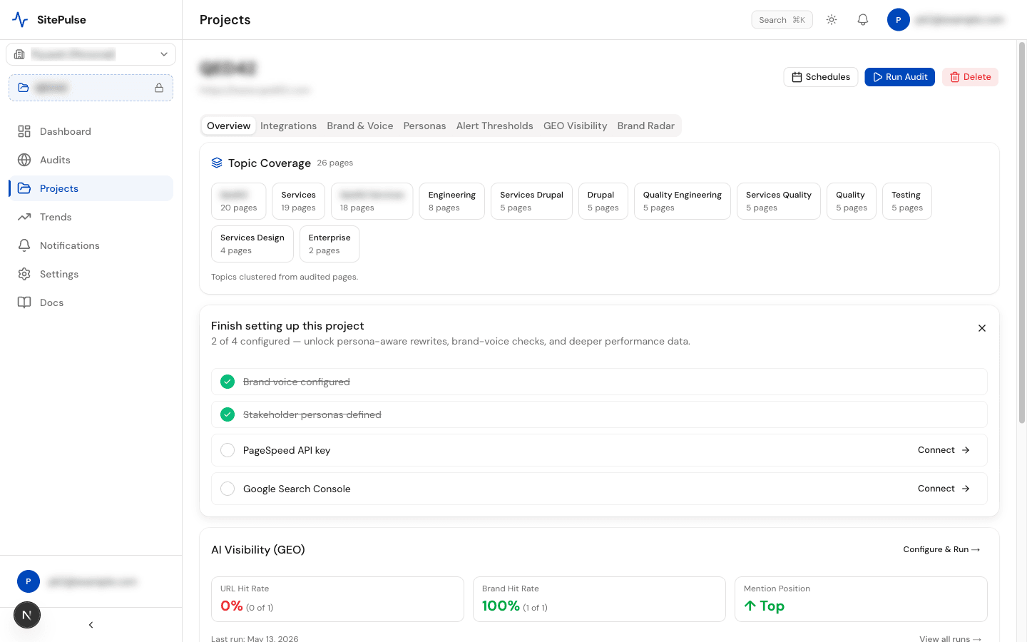 Project overview with topic coverage, setup checklist, and AI-visibility summary